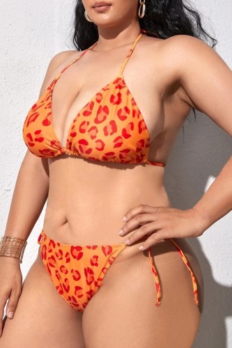 Orange Sexy Print Bandage Halter Plus Size Swimwear (With Paddings)