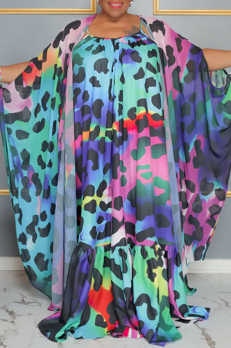 Blue Casual Print Patchwork Cardigan Collar Plus Size Overcoat