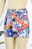 Blue Casual Print Patchwork Skinny High Waist Conventional Full Print Skirt