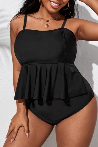 Black Sexy Solid Backless Spaghetti Strap Plus Size Swimwear