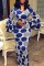 Blue Casual Print Patchwork V Neck Long Sleeve Dresses