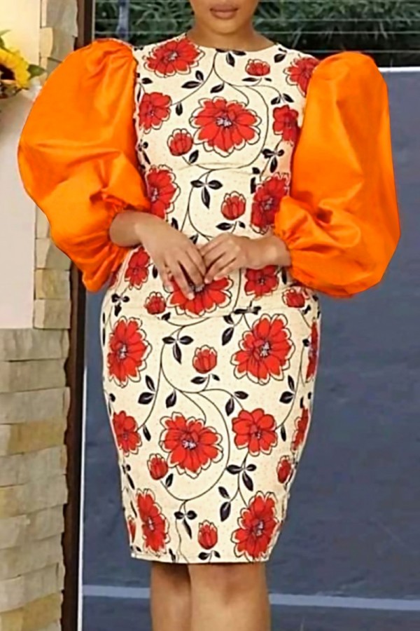 Orange Casual Print Patchwork O Neck Long Sleeve Dresses