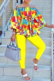 Yellow Casual Print Patchwork Off the Shoulder Three Quarter Two Pieces