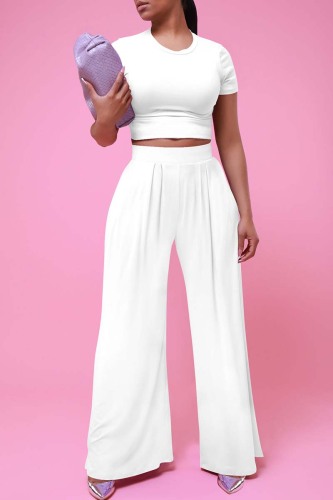 White Casual Solid Basic O Neck Short Sleeve Two Pieces