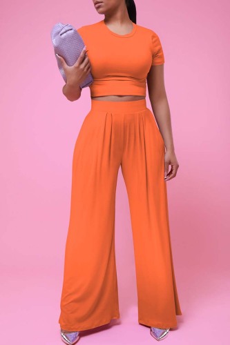 Orange Casual Solid Basic O Neck Short Sleeve Two Pieces