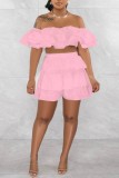 Pink Sexy Casual Solid Patchwork Backless Off the Shoulder Short Sleeve Two Pieces