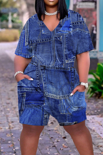 Purplish Blue Casual Street Print Patchwork V Neck Straight Rompers