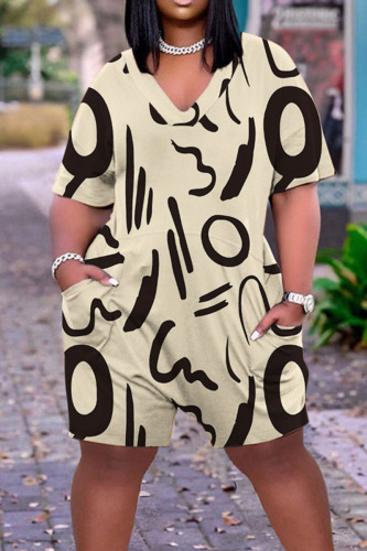 Apricot Casual Street Print Patchwork V Neck Straight Rompers
