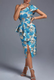 Blue Elegant Print Patchwork Flounce Slit Oblique Collar Evening Dress Dresses