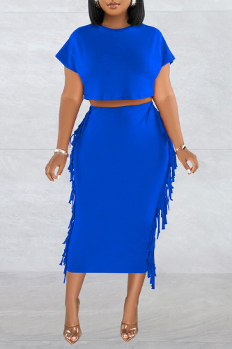 Blue Casual Solid Tassel Patchwork O Neck Short Sleeve Two Pieces