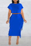 Blue Casual Solid Tassel Patchwork O Neck Short Sleeve Two Pieces