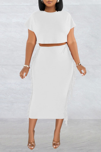 White Casual Solid Tassel Patchwork O Neck Short Sleeve Two Pieces