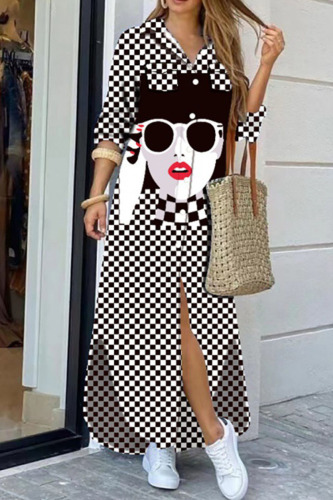 Black White Casual Street Print Patchwork Buckle Turndown Collar Shirt Dress Dresses