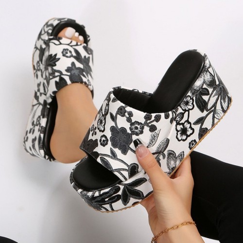 White Patchwork Printing Round Out Door Wedges Shoes (Heel Height 2.36in)