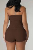 Brown Sexy Street Print Draw String Letter Strapless Sleeveless Two Pieces