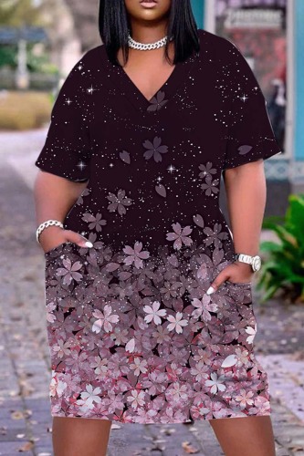 Black Casual Print Patchwork V Neck Short Sleeve Dress