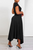 Black Casual Solid Patchwork Oblique Collar A Line Dresses