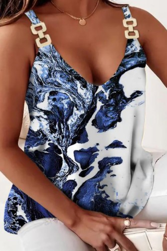 Dark Blue Casual Print Basic V Neck Tops