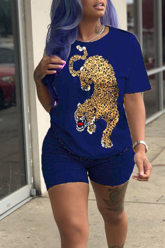 Deep Blue Casual Print Patchwork O Neck Short Sleeve Two Pieces