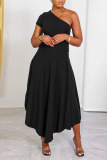 Black Casual Solid Patchwork Oblique Collar A Line Dresses