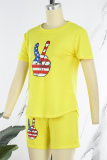 Yellow Casual Print Basic O Neck Short Sleeve Two Pieces
