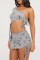 Grey Sexy Print Bandage Asymmetrical Oblique Collar Long Sleeve Two Pieces