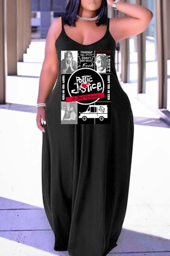 Black Sexy Casual Print Backless Spaghetti Strap Long Dress Dresses