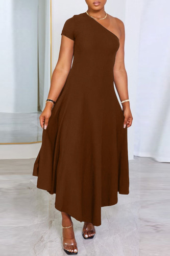 Brown Casual Solid Patchwork Oblique Collar A Line Dresses