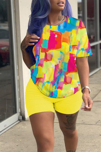 Yellow Casual Print Patchwork O Neck Short Sleeve Two Pieces