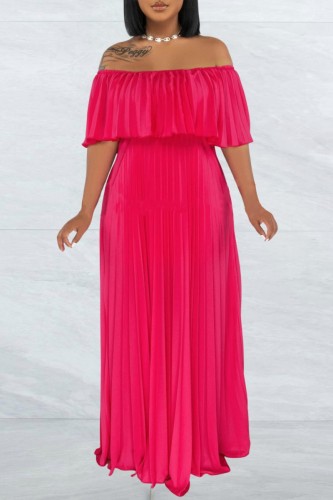 Rose Red Casual Solid Patchwork Off the Shoulder Long Dress Dresses