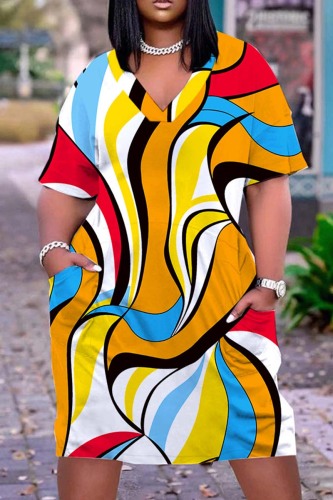 Orange Casual Print Patchwork V Neck Short Sleeve Dress