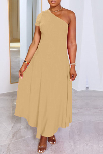 Khaki Casual Solid Patchwork Oblique Collar A Line Dresses