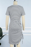 Black Casual Striped Print Draw String Slit O Neck Short Sleeve Dress