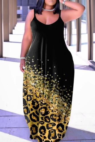 Black Sexy Casual Print Backless Spaghetti Strap Long Dress Dresses
