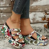 Green Casual Daily Hollowed Out Patchwork Printing Round Comfortable Out Door Wedges Shoes (Heel Height 2.36in)
