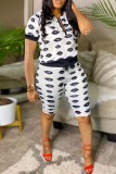 White Casual Print Patchwork Zipper Collar Short Sleeve Two Pieces