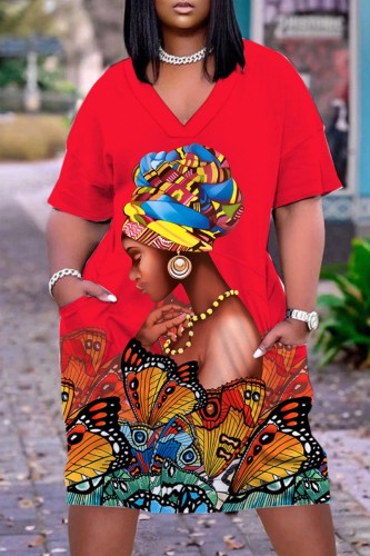 Red Casual Print Patchwork V Neck Short Sleeve Dress