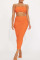 Tangerine Red Sexy Solid Patchwork Spaghetti Strap Sleeveless Two Pieces
