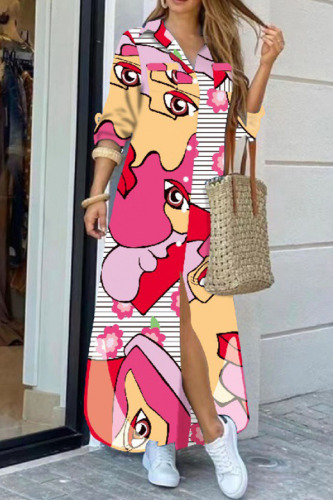 Light Pink Casual Street Print Patchwork Buckle Turndown Collar Shirt Dress Dresses