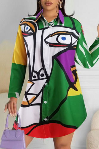 Green Casual Street Print Patchwork Buckle Turndown Collar Tops