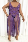 Purple Sexy Solid Tassel Hollowed Out Swimwears Cover Up