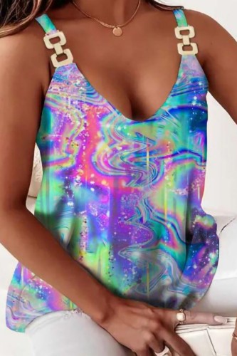 Multicolor Casual Print Basic V Neck Tops