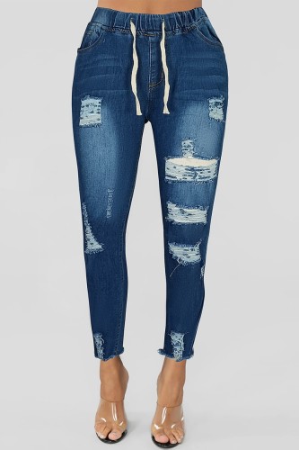 Deep Blue Casual Solid Ripped High Waist Regular Denim Jeans