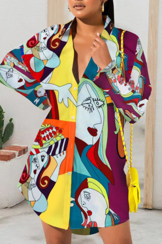 Fuchsia Casual Street Print Patchwork Buckle Turndown Collar Tops