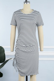 Red Casual Striped Print Draw String Slit O Neck Short Sleeve Dress