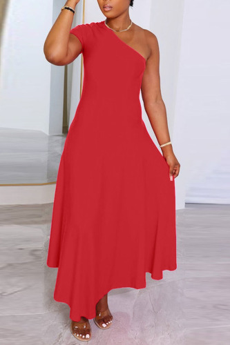Red Casual Solid Patchwork Oblique Collar A Line Dresses