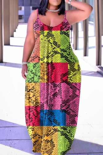 Multicolor Sexy Print Backless Spaghetti Strap Long Dress Dresses