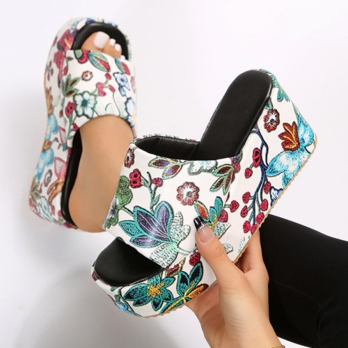 Red Patchwork Printing Round Out Door Wedges Shoes (Heel Height 2.36in)