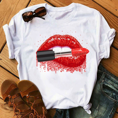 Red Casual Lips Printed Basic O Neck T-Shirts