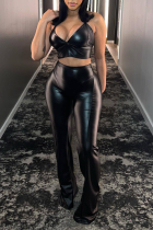 Black Sexy Solid Patchwork Spaghetti Strap Sleeveless Two Pieces